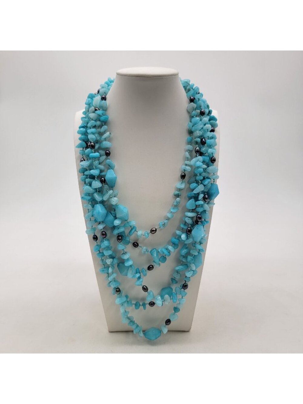 Artisan Blue Caribbean Quartz Gemstone & Peacock Pearls Multi-Strand Necklace - Picture 1 of 5